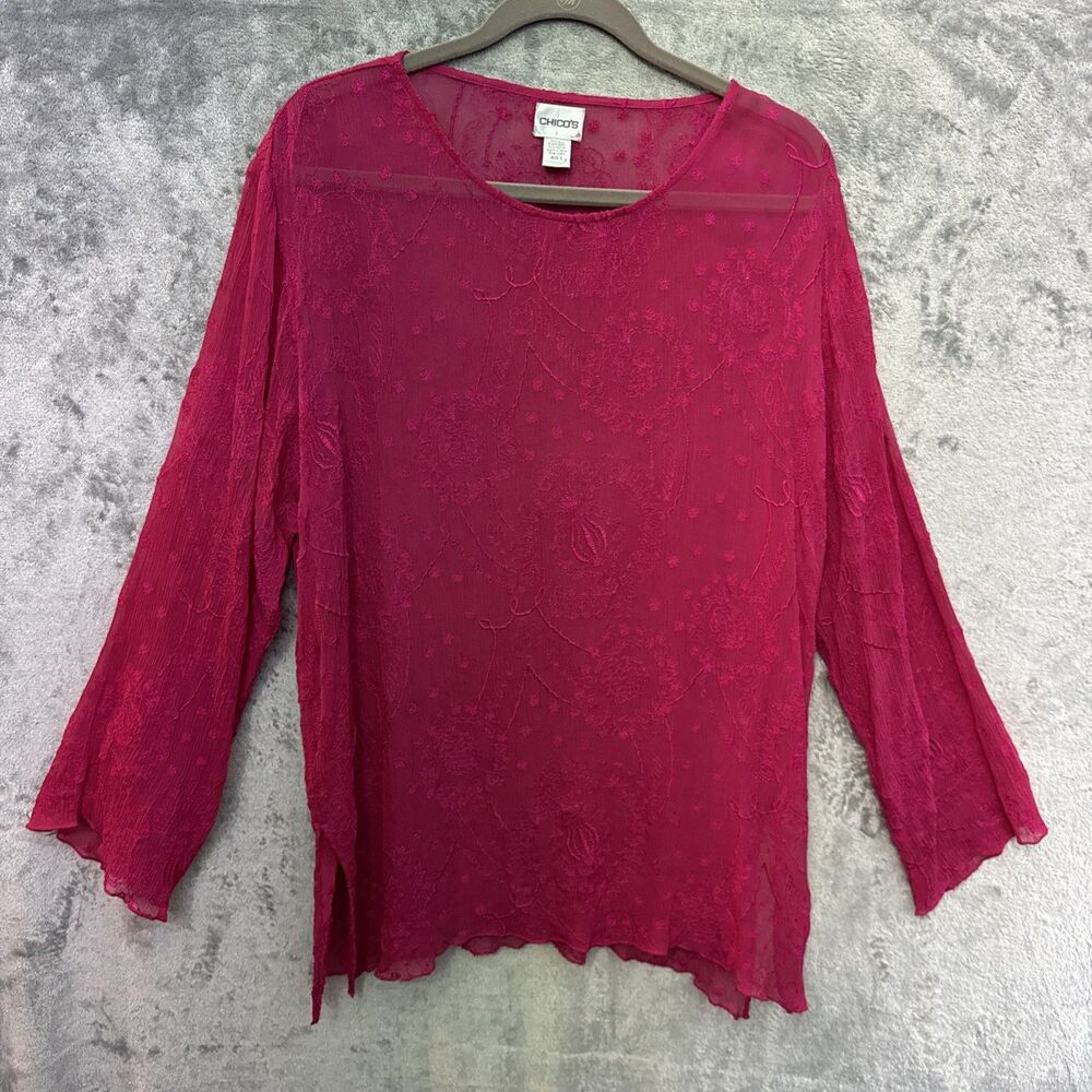 Chicos size XL top Pink semi sheer rayon with silk embroidery pullover long slee